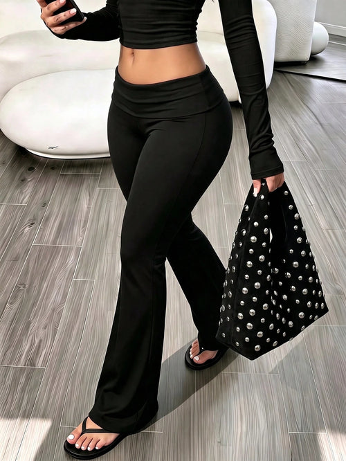 Women's Casual Solid Color Wide Waist Flare Pants, Layered Waistband High Waist Pleated Slim Fit Leggings, Y2K Aesthetic