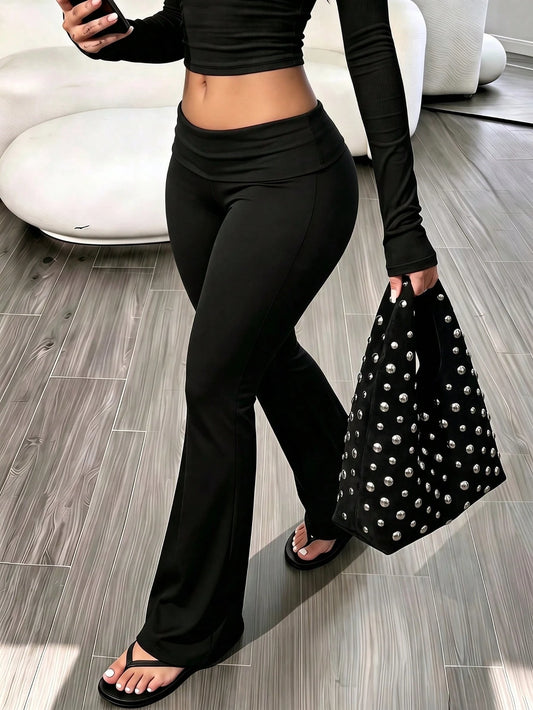 Women's Casual Solid Color Wide Waist Flare Pants, Layered Waistband High Waist Pleated Slim Fit Leggings, Y2K Aesthetic
