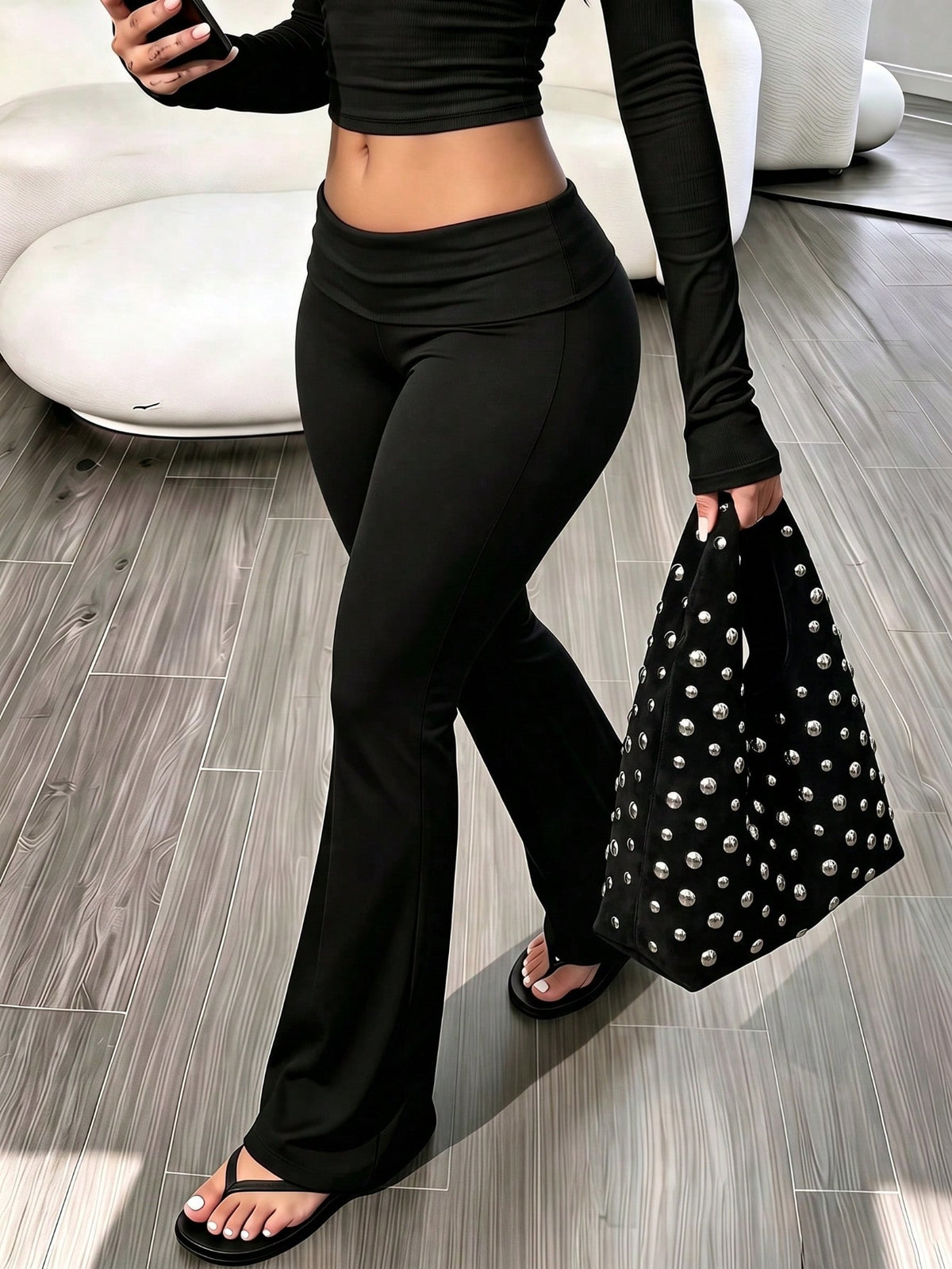 Women's Casual Solid Color Wide Waist Flare Pants, Layered Waistband High Waist Pleated Slim Fit Leggings, Y2K Aesthetic