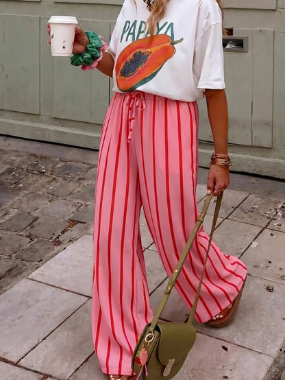 Women's Casual Striped Straight Loose Pants For Summer, Suitable For Daily Wear & Vacation