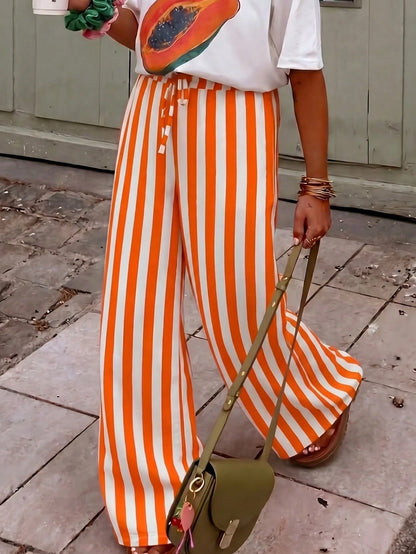 Women's Casual Striped Straight Loose Pants For Summer, Suitable For Daily Wear & Vacation