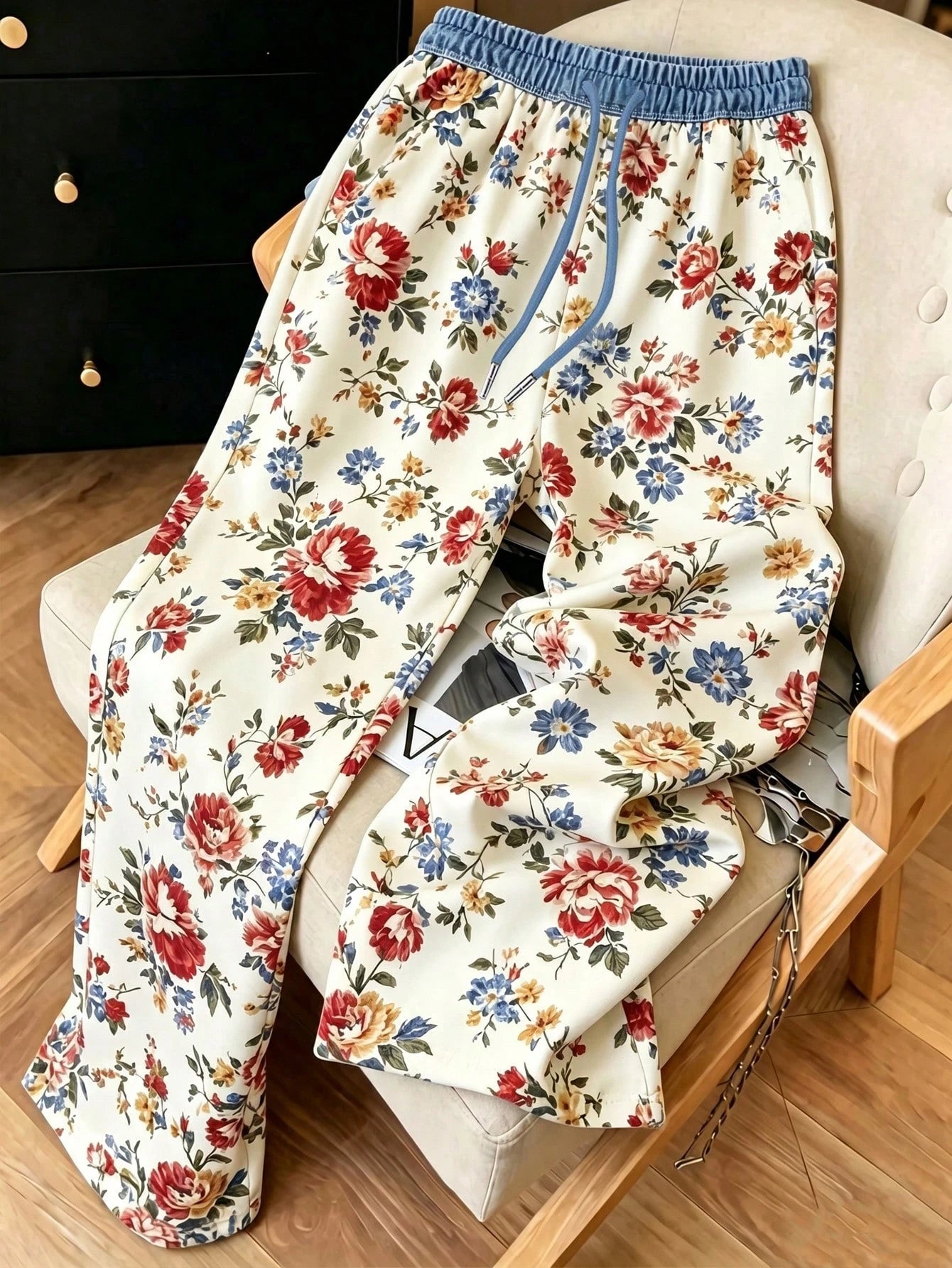 Women's Casual Vacation Style All-Over Floral Print Contrast Color Drawstring Waist Loose Wide Leg Long Pants