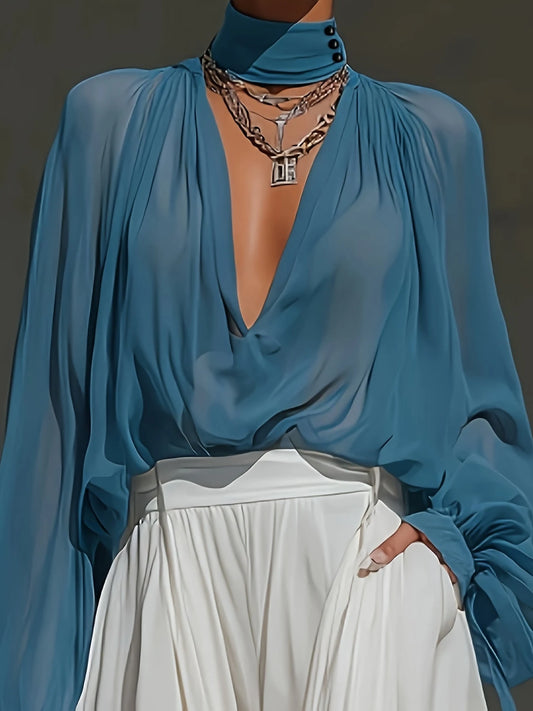 Women's Chiffon Long Sleeve Blouse, Deep V-Neck Semi-Sheer Top, Suitable For Formal Occasions Spring