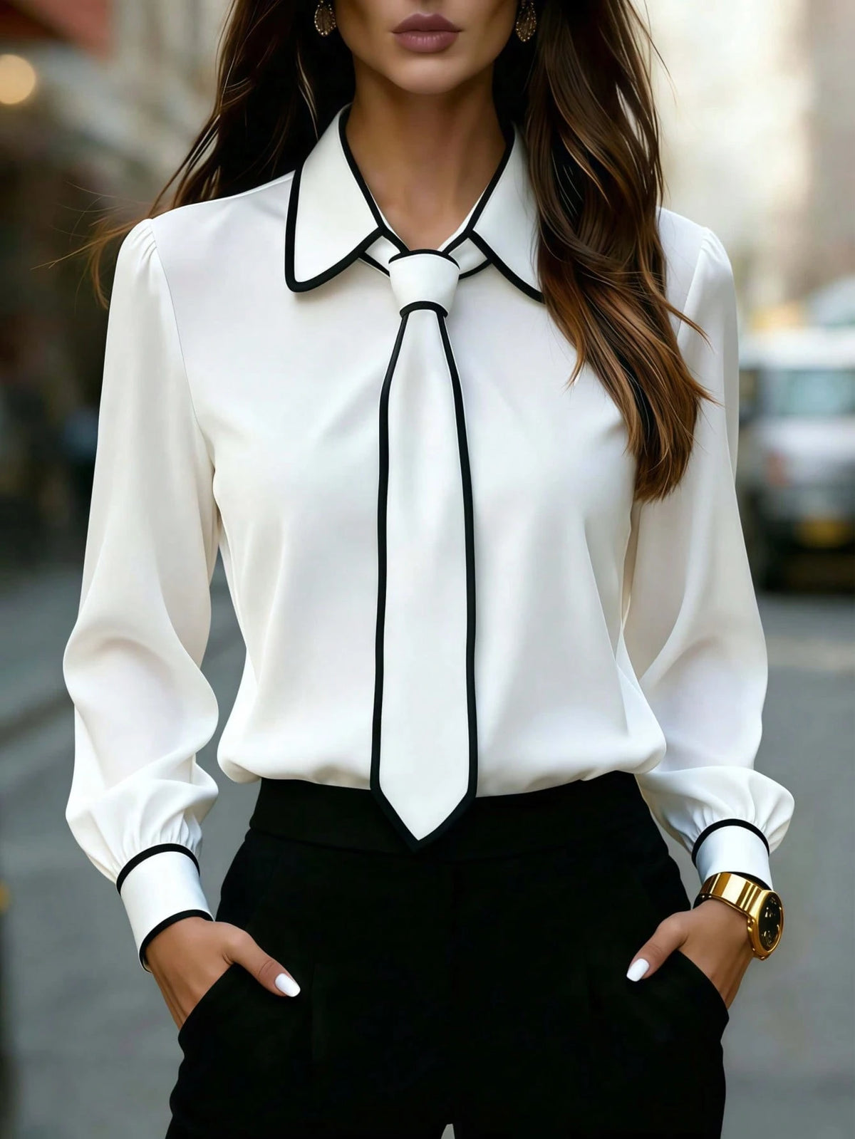 Women's Contrast Trim Long Sleeve Blouse With Tie Detail- Office, Commute & Casual Wear, Suitable For Spring, Summer, Autumn & Winter White