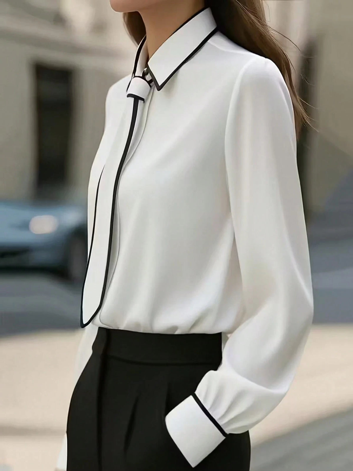 Women's Contrast Trim Long Sleeve Blouse With Tie Detail- Office, Commute & Casual Wear, Suitable For Spring, Summer, Autumn & Winter White