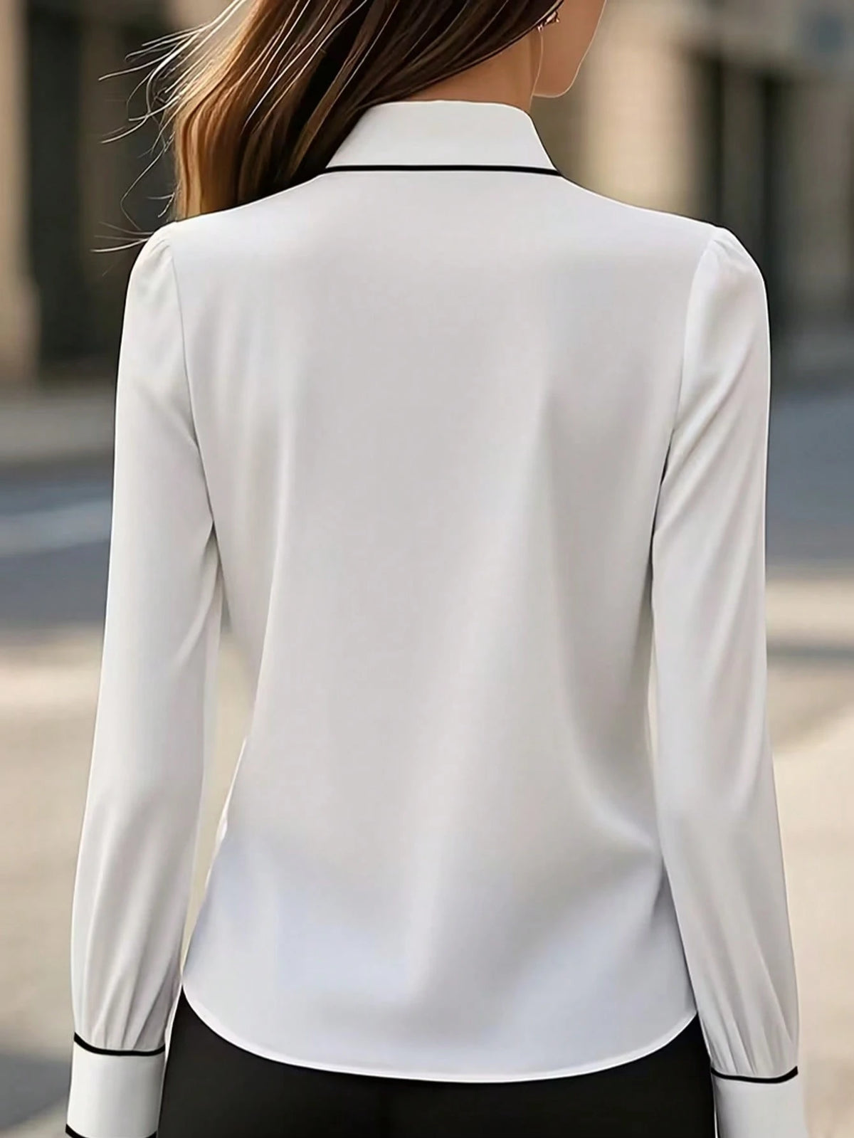 Women's Contrast Trim Long Sleeve Blouse With Tie Detail- Office, Commute & Casual Wear, Suitable For Spring, Summer, Autumn & Winter White