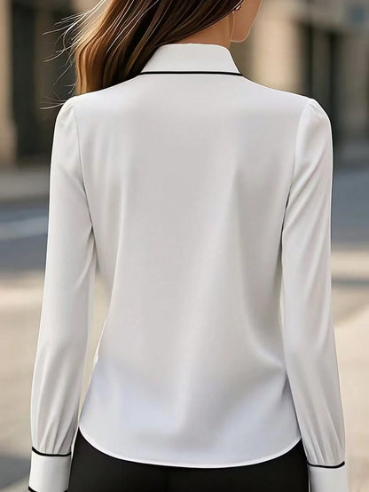 Women's Contrast Trim Long Sleeve Blouse With Tie Detail- Office, Commute & Casual Wear, Suitable For Spring, Summer, Autumn & Winter White