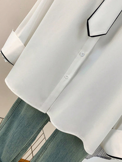 Women's Contrast Trim Long Sleeve Blouse With Tie Detail- Office, Commute & Casual Wear, Suitable For Spring, Summer, Autumn & Winter White