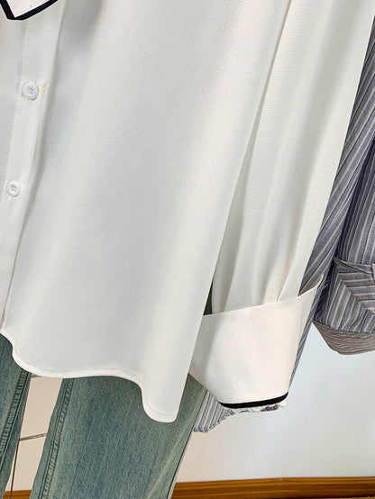 Women's Contrast Trim Long Sleeve Blouse With Tie Detail- Office, Commute & Casual Wear, Suitable For Spring, Summer, Autumn & Winter White