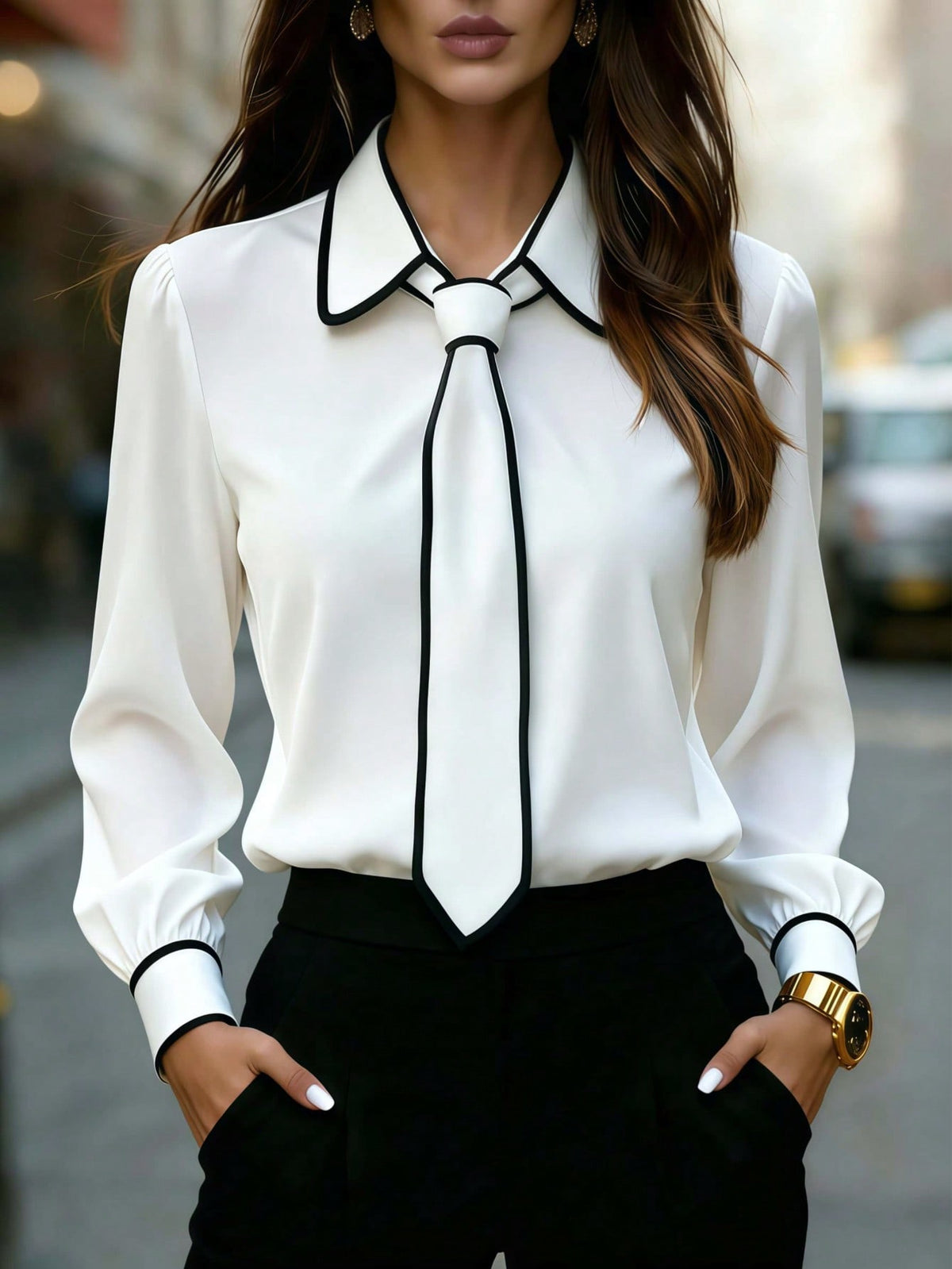 Women's Contrast Trim Long Sleeve Blouse With Tie Detail- Office, Commute & Casual Wear, Suitable For Spring, Summer, Autumn & Winter White