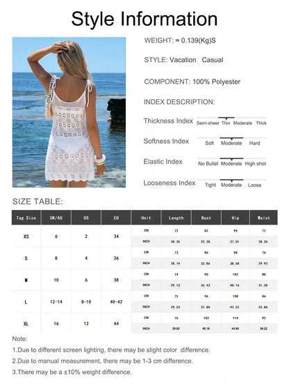 Women's Crochet Lace Hollow Out Knit Sexy Sheer Sleeveless Lace-Up Bohemian Beach Vacation Mini Dress, White Summer