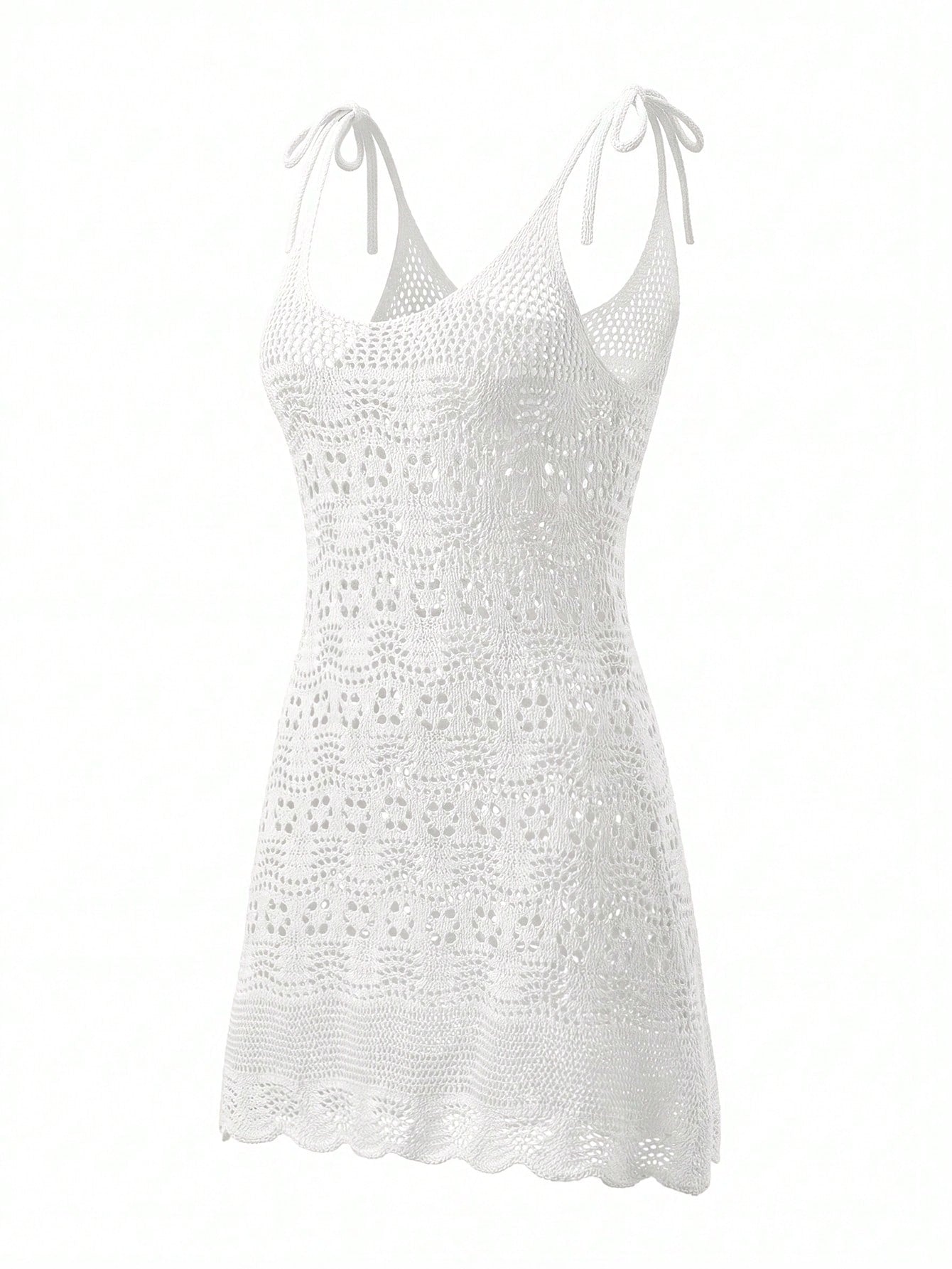 Women's Crochet Lace Hollow Out Knit Sexy Sheer Sleeveless Lace-Up Bohemian Beach Vacation Mini Dress, White Summer