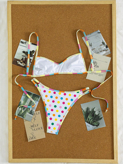 Women's Cute Polka Dot & Striped Print Flat Chest Spaghetti Strap Bikini 2-Piece Set, Suitable For Summer Island Vacation Swimming Beach