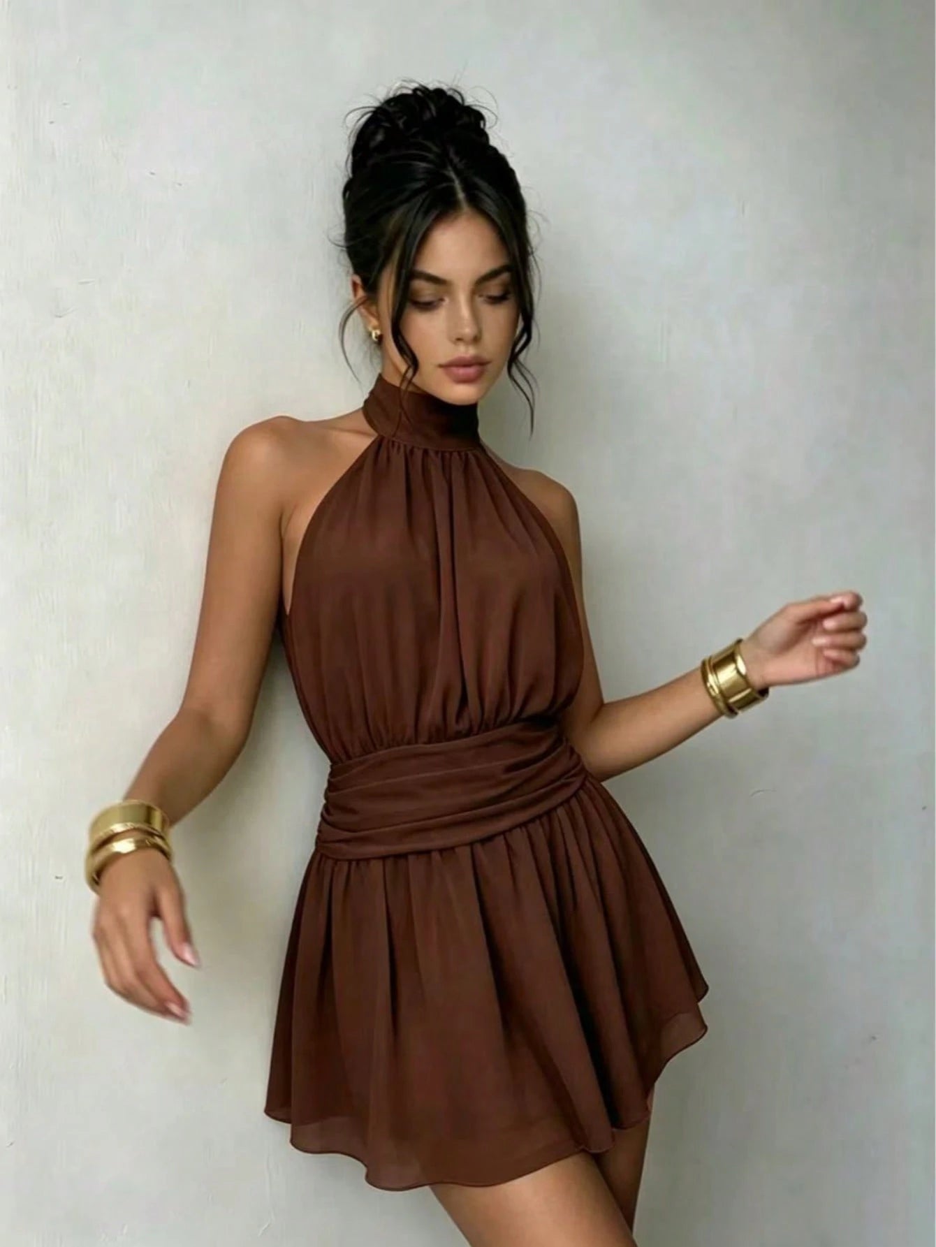 Women's Elegant Backless Sleeveless Short Camisole Dress, Non-Stretch Woven Fabric Mini Dress, Suitable For Summer Parties And Sexy Outfits, Date Night