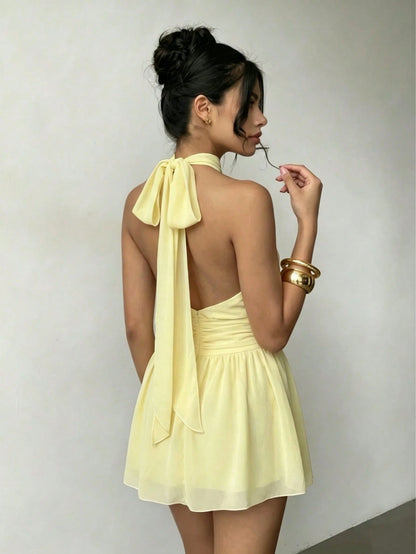 Women's Elegant Backless Sleeveless Short Camisole Dress, Non-Stretch Woven Fabric Mini Dress, Suitable For Summer Parties And Sexy Outfits, Date Night