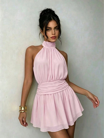 Women's Elegant Backless Sleeveless Short Camisole Dress, Non-Stretch Woven Fabric Mini Dress, Suitable For Summer Parties And Sexy Outfits, Date Night