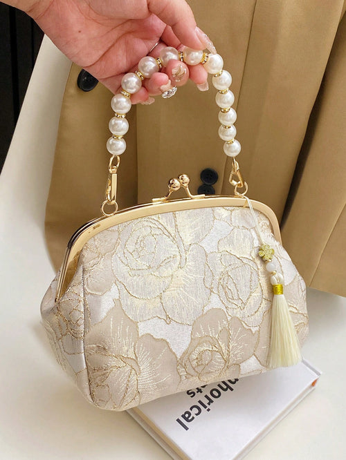 Women's Elegant Beaded Embroidered Tassel Floral Print Handbag, Clutch Purse, Suitable For Evening Party, Wedding, Banquet,Bride