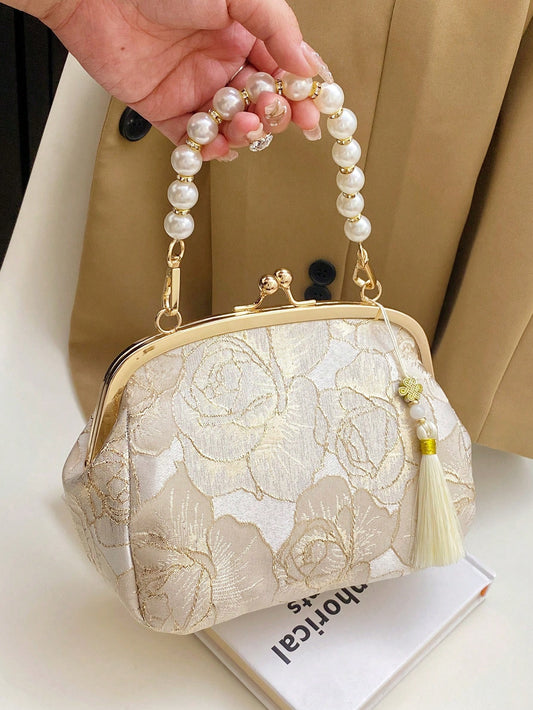 Women's Elegant Beaded Embroidered Tassel Floral Print Handbag, Clutch Purse, Suitable For Evening Party, Wedding, Banquet,Bride