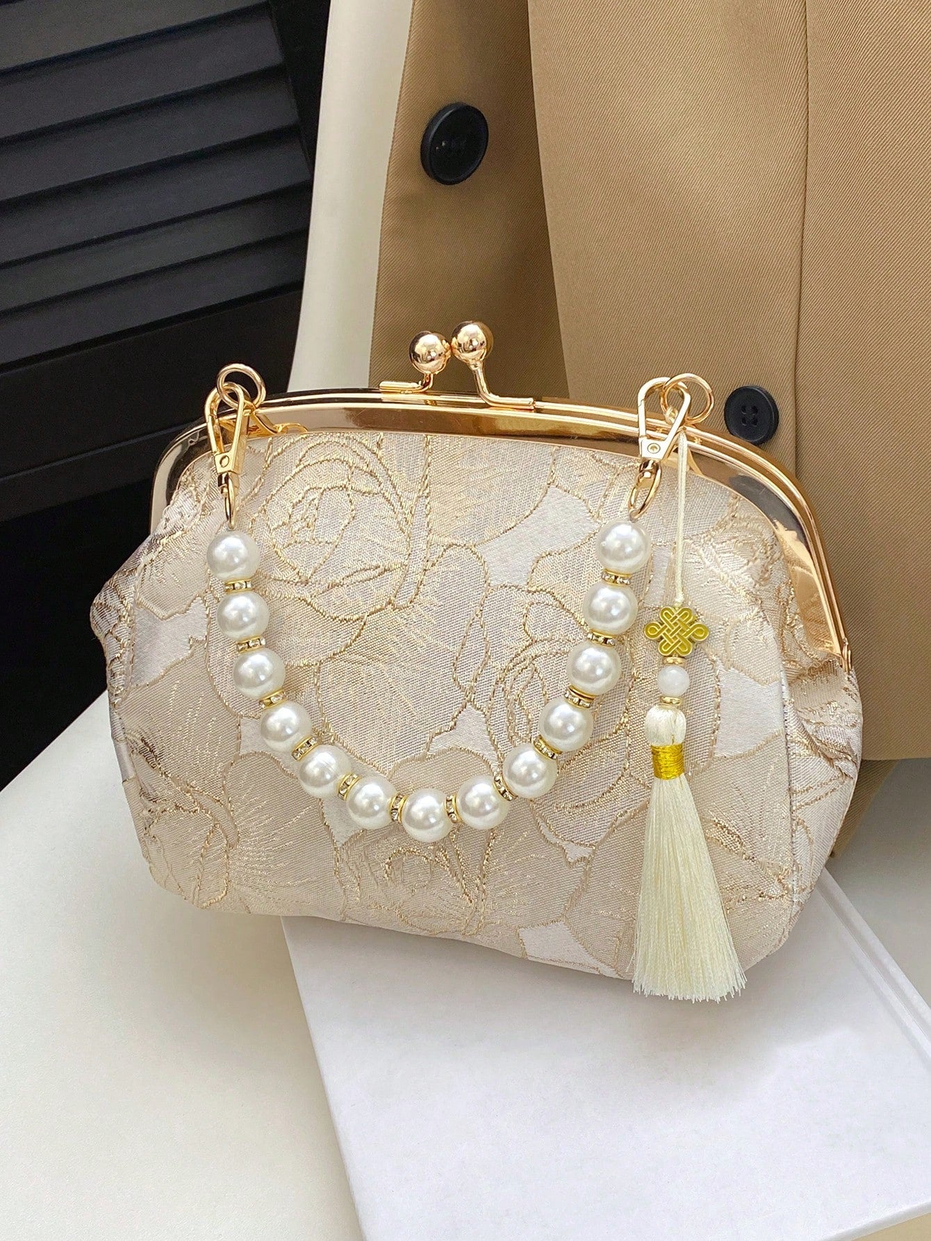 Women's Elegant Beaded Embroidered Tassel Floral Print Handbag, Clutch Purse, Suitable For Evening Party, Wedding, Banquet,Bride