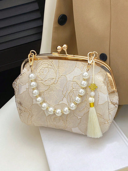 Women's Elegant Beaded Embroidered Tassel Floral Print Handbag, Clutch Purse, Suitable For Evening Party, Wedding, Banquet,Bride