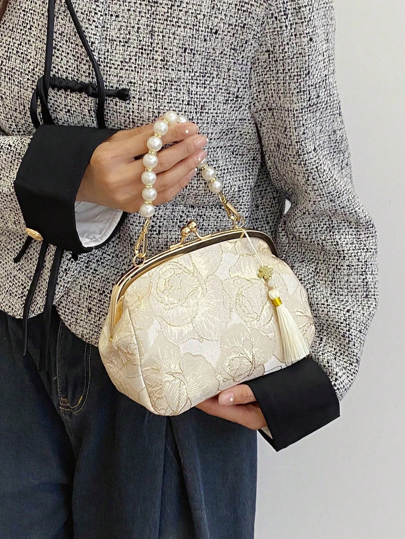 Women's Elegant Beaded Embroidered Tassel Floral Print Handbag, Clutch Purse, Suitable For Evening Party, Wedding, Banquet,Bride