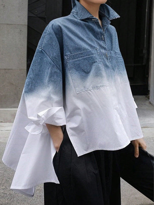 Women's Elegant Casual Shirt, High-Low Hem Ombre Print Lapel Collar Long Sleeve Side Slit Shirt, Solid Woven Fabric Front Button Office Casual Daily Date Wear, Spring/Summer