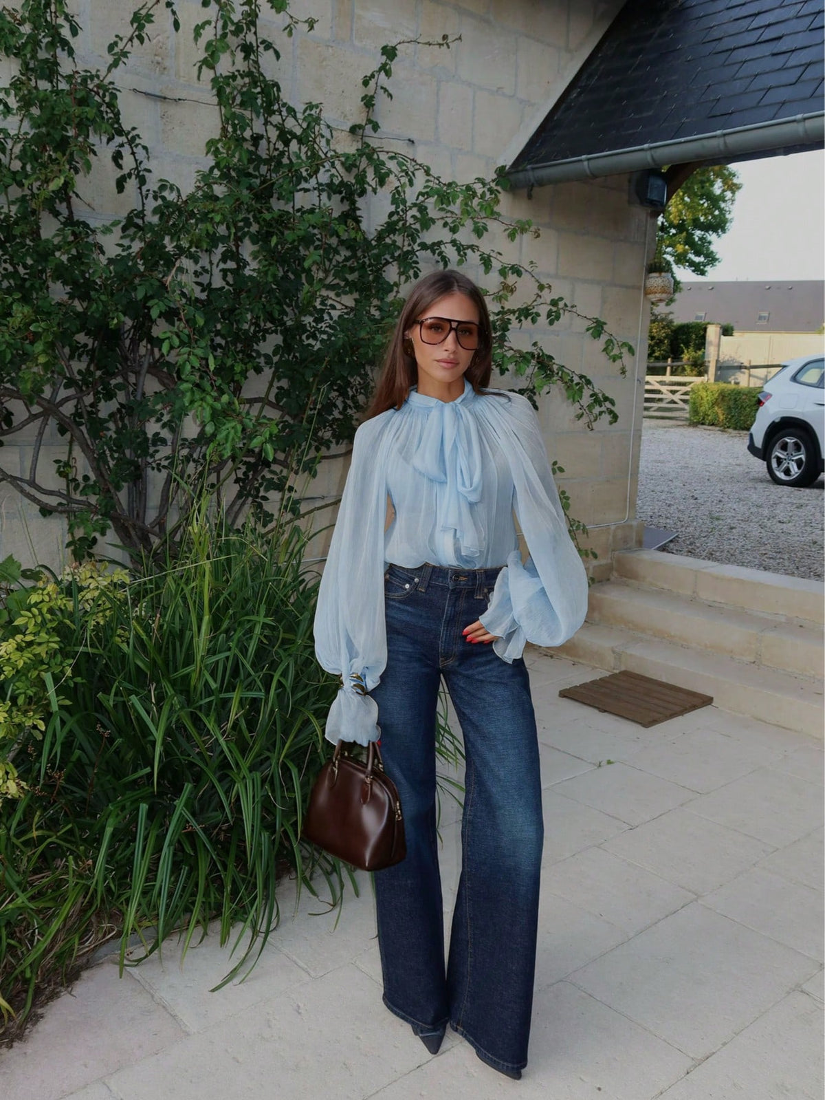 Women's Elegant Casual Stand Collar Sheer Long Sleeve Blouse- Ruffle Hem, Lantern Sleeve, Front Pleats, Sheer, Front Button, Lightweight Chiffon Fabric, Satin Contrast Color Blocking, Loose Fit Shirt