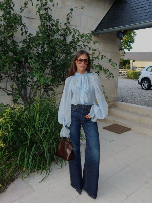 Women's Elegant Casual Stand Collar Sheer Long Sleeve Blouse- Ruffle Hem, Lantern Sleeve, Front Pleats, Sheer, Front Button, Lightweight Chiffon Fabric, Satin Contrast Color Blocking, Loose Fit Shirt