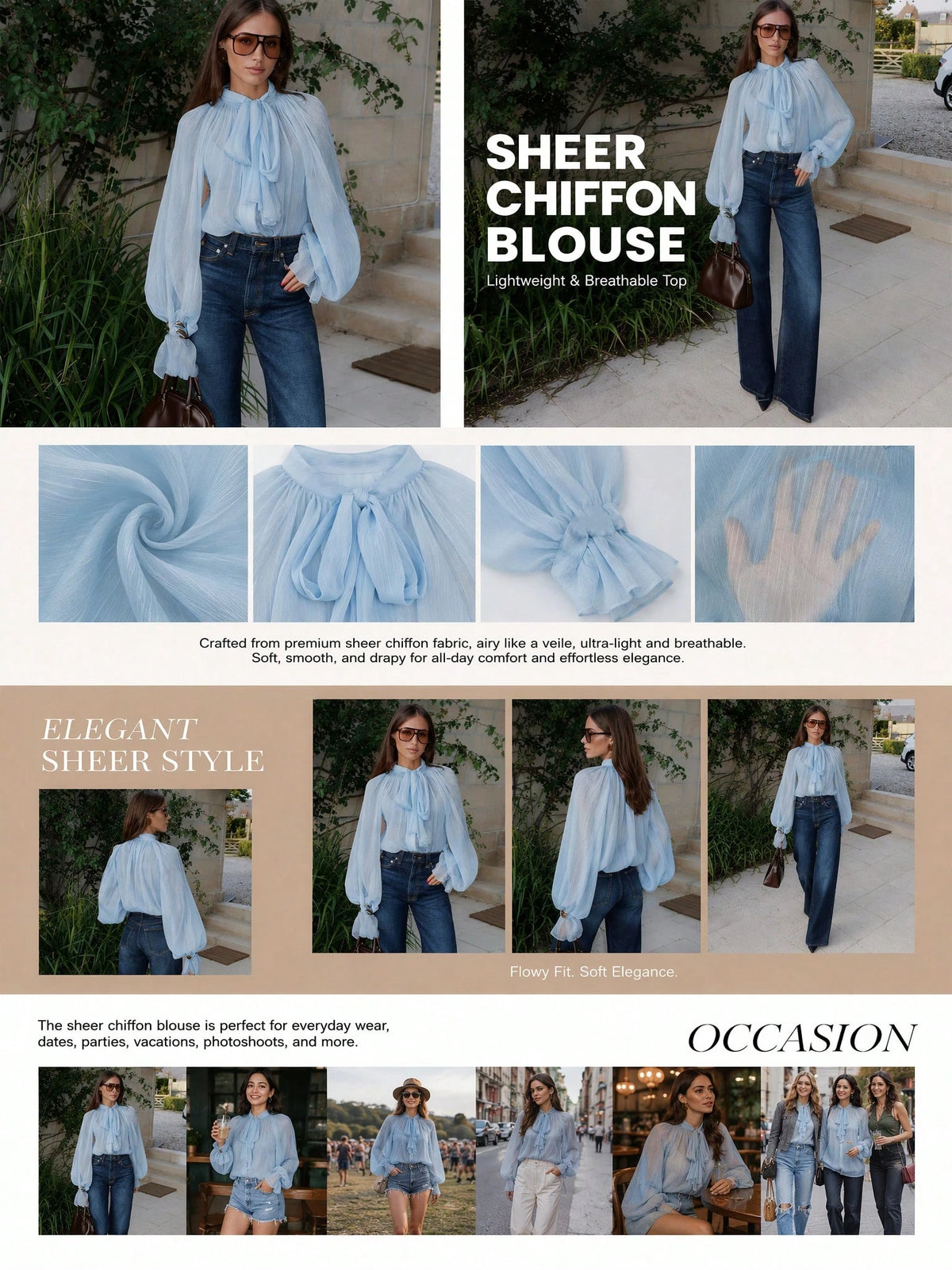 Women's Elegant Casual Stand Collar Sheer Long Sleeve Blouse- Ruffle Hem, Lantern Sleeve, Front Pleats, Sheer, Front Button, Lightweight Chiffon Fabric, Satin Contrast Color Blocking, Loose Fit Shirt