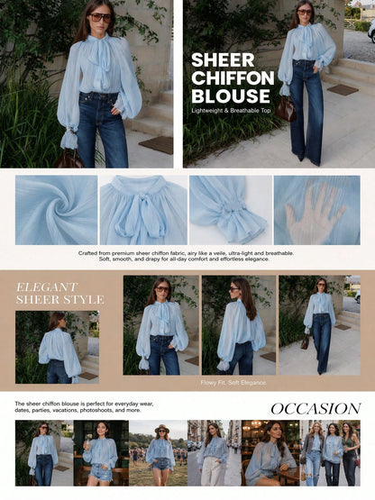Women's Elegant Casual Stand Collar Sheer Long Sleeve Blouse- Ruffle Hem, Lantern Sleeve, Front Pleats, Sheer, Front Button, Lightweight Chiffon Fabric, Satin Contrast Color Blocking, Loose Fit Shirt