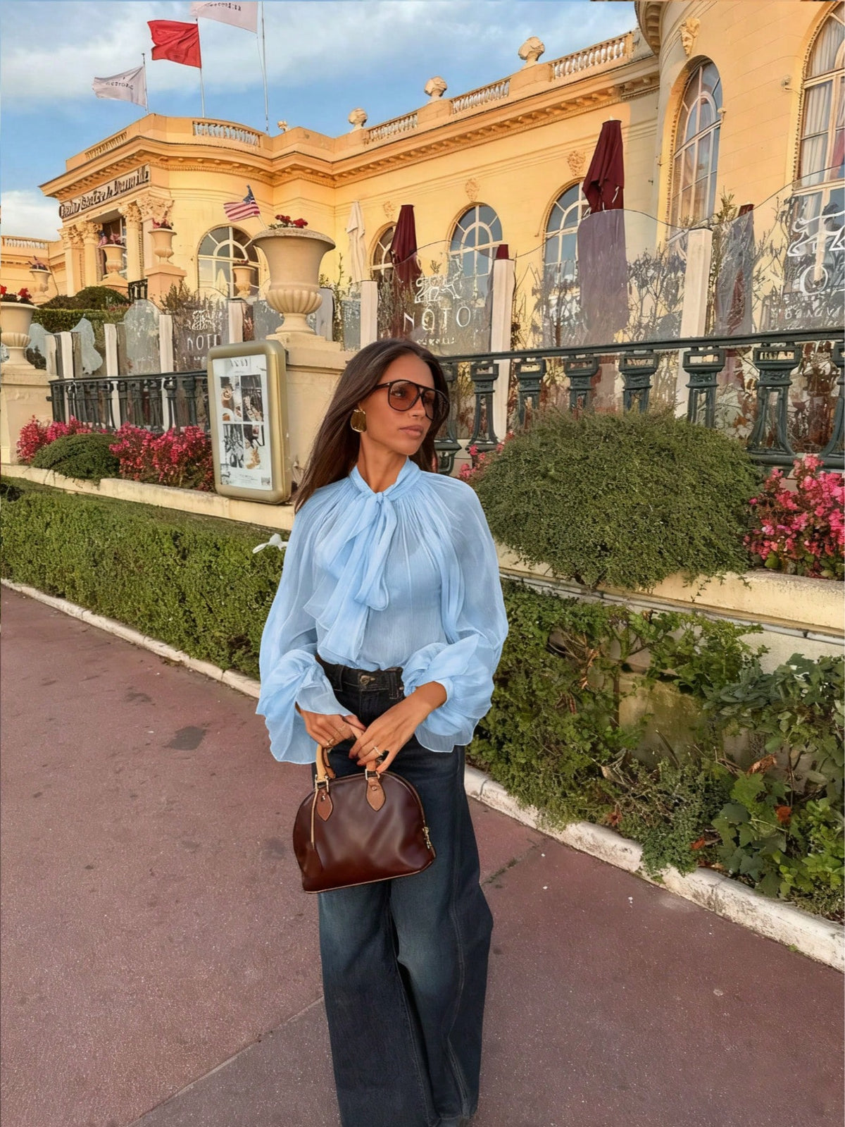 Women's Elegant Casual Stand Collar Sheer Long Sleeve Blouse- Ruffle Hem, Lantern Sleeve, Front Pleats, Sheer, Front Button, Lightweight Chiffon Fabric, Satin Contrast Color Blocking, Loose Fit Shirt