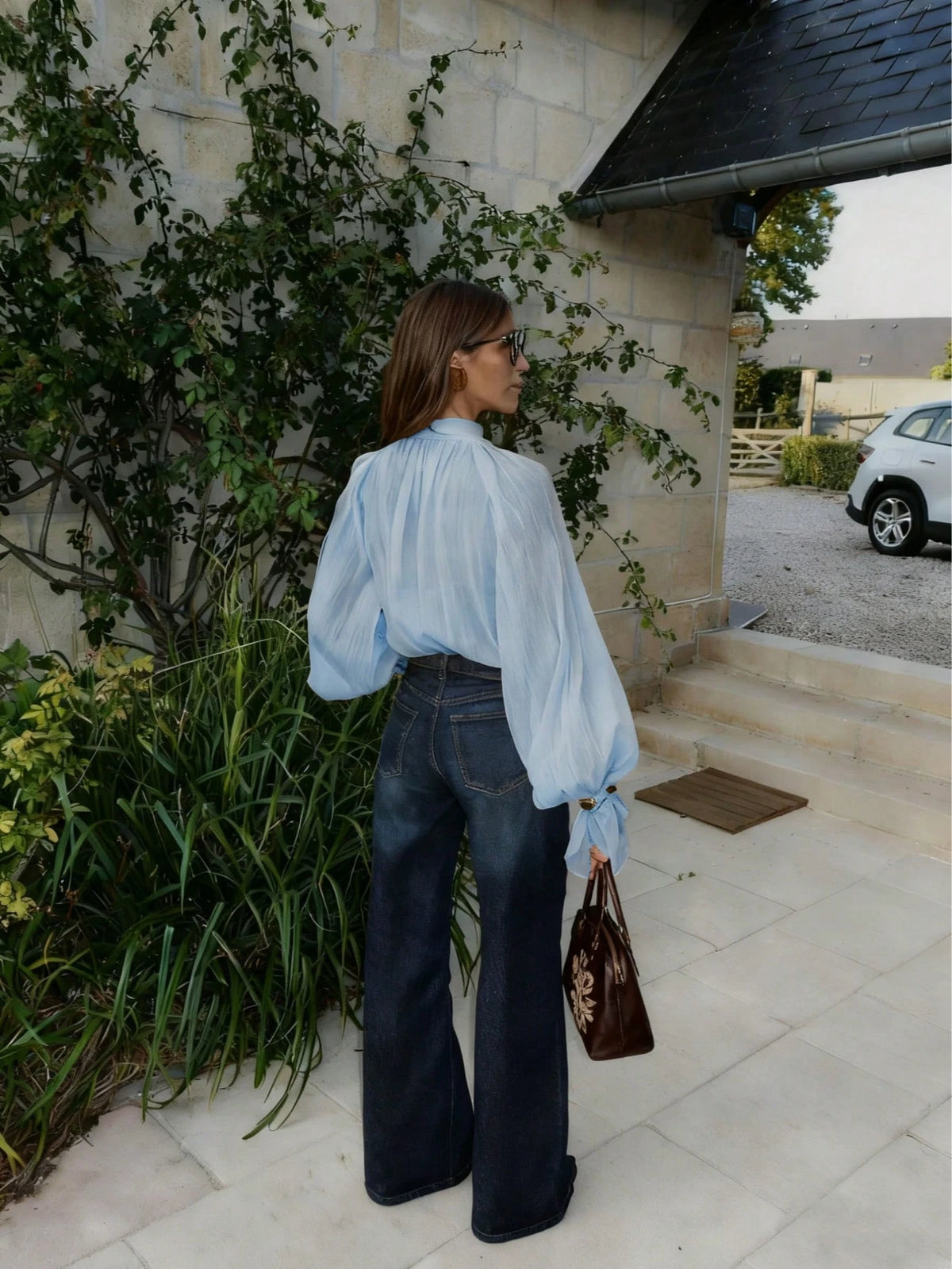 Women's Elegant Casual Stand Collar Sheer Long Sleeve Blouse- Ruffle Hem, Lantern Sleeve, Front Pleats, Sheer, Front Button, Lightweight Chiffon Fabric, Satin Contrast Color Blocking, Loose Fit Shirt