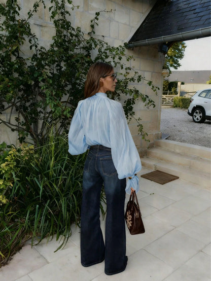 Women's Elegant Casual Stand Collar Sheer Long Sleeve Blouse- Ruffle Hem, Lantern Sleeve, Front Pleats, Sheer, Front Button, Lightweight Chiffon Fabric, Satin Contrast Color Blocking, Loose Fit Shirt