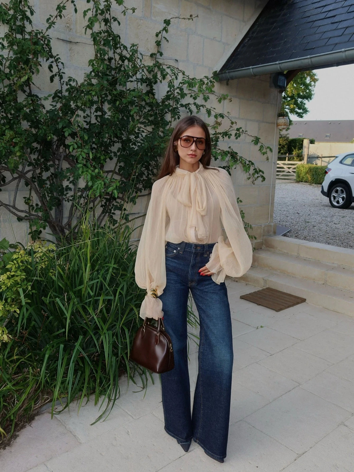 Women's Elegant Casual Stand Collar Sheer Long Sleeve Blouse- Ruffle Hem, Lantern Sleeve, Front Pleats, Sheer, Front Button, Lightweight Chiffon Fabric, Satin Contrast Color Blocking, Loose Fit Shirt