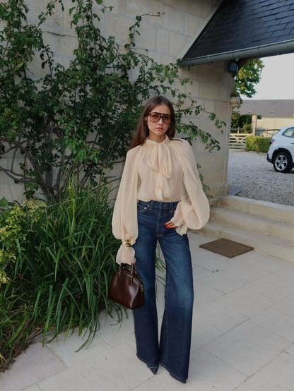 Women's Elegant Casual Stand Collar Sheer Long Sleeve Blouse- Ruffle Hem, Lantern Sleeve, Front Pleats, Sheer, Front Button, Lightweight Chiffon Fabric, Satin Contrast Color Blocking, Loose Fit Shirt