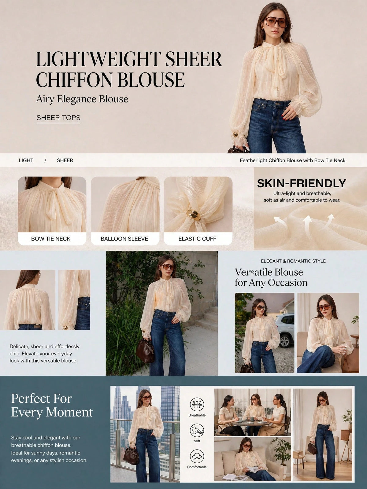 Women's Elegant Casual Stand Collar Sheer Long Sleeve Blouse- Ruffle Hem, Lantern Sleeve, Front Pleats, Sheer, Front Button, Lightweight Chiffon Fabric, Satin Contrast Color Blocking, Loose Fit Shirt