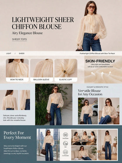 Women's Elegant Casual Stand Collar Sheer Long Sleeve Blouse- Ruffle Hem, Lantern Sleeve, Front Pleats, Sheer, Front Button, Lightweight Chiffon Fabric, Satin Contrast Color Blocking, Loose Fit Shirt