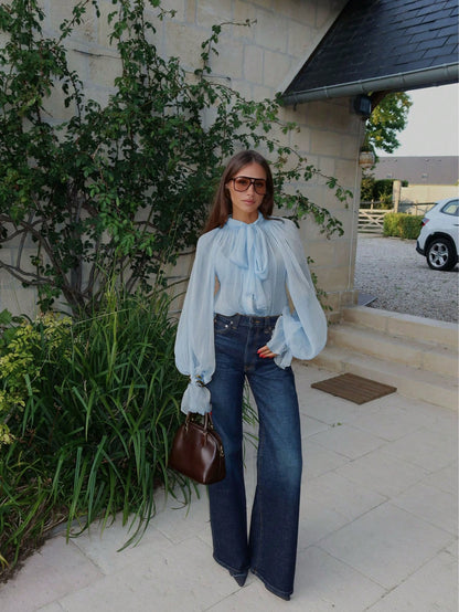 Women's Elegant Casual Stand Collar Sheer Long Sleeve Blouse- Ruffle Hem, Lantern Sleeve, Front Pleats, Sheer, Front Button, Lightweight Chiffon Fabric, Satin Contrast Color Blocking, Loose Fit Shirt