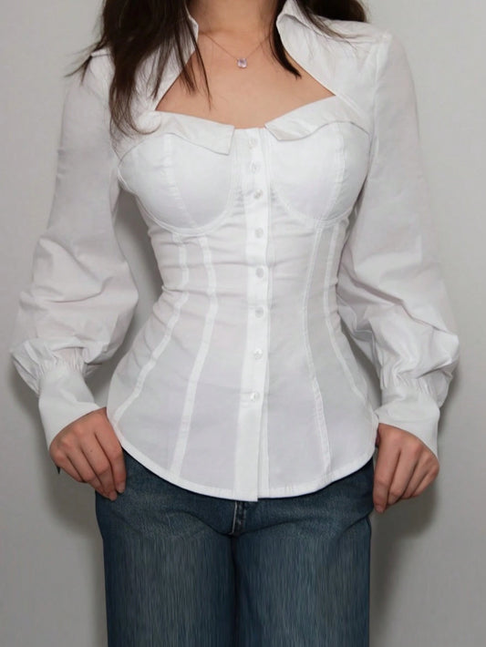 Women's Elegant Commuter Tie-Back Waist Cinching Collared Long Sleeve Fitted Shirt, Solid Color Front Button Closure Back Tie Waist Pleated Office Casual Date Wear, Spring/Summer/Autumn White