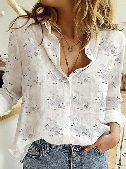 Women's Elegant Floral Print Lapel Button-Up Shirt, Casual Chic Blouse, Fashionable Women's Long Sleeve Shirt For Spring & Autumn Vacation White