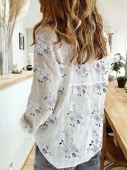 Women's Elegant Floral Print Lapel Button-Up Shirt, Casual Chic Blouse, Fashionable Women's Long Sleeve Shirt For Spring & Autumn Vacation White