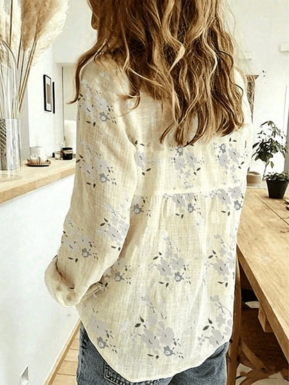Women's Elegant Floral Print Lapel Button-Up Shirt, Casual Chic Blouse, Fashionable Women's Long Sleeve Shirt For Spring & Autumn Vacation White