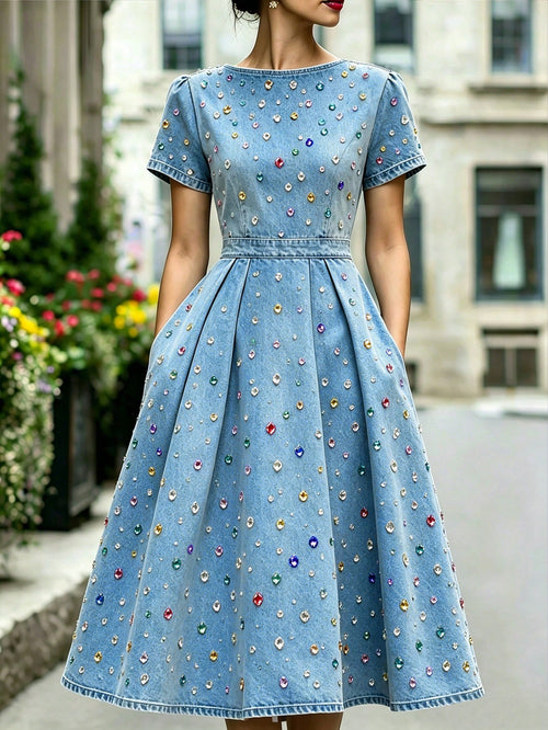 Women's Elegant Long Dress With Colorful Rhinestone Decor, Round Neck, Short Sleeve, Pleated Hem And Pockets