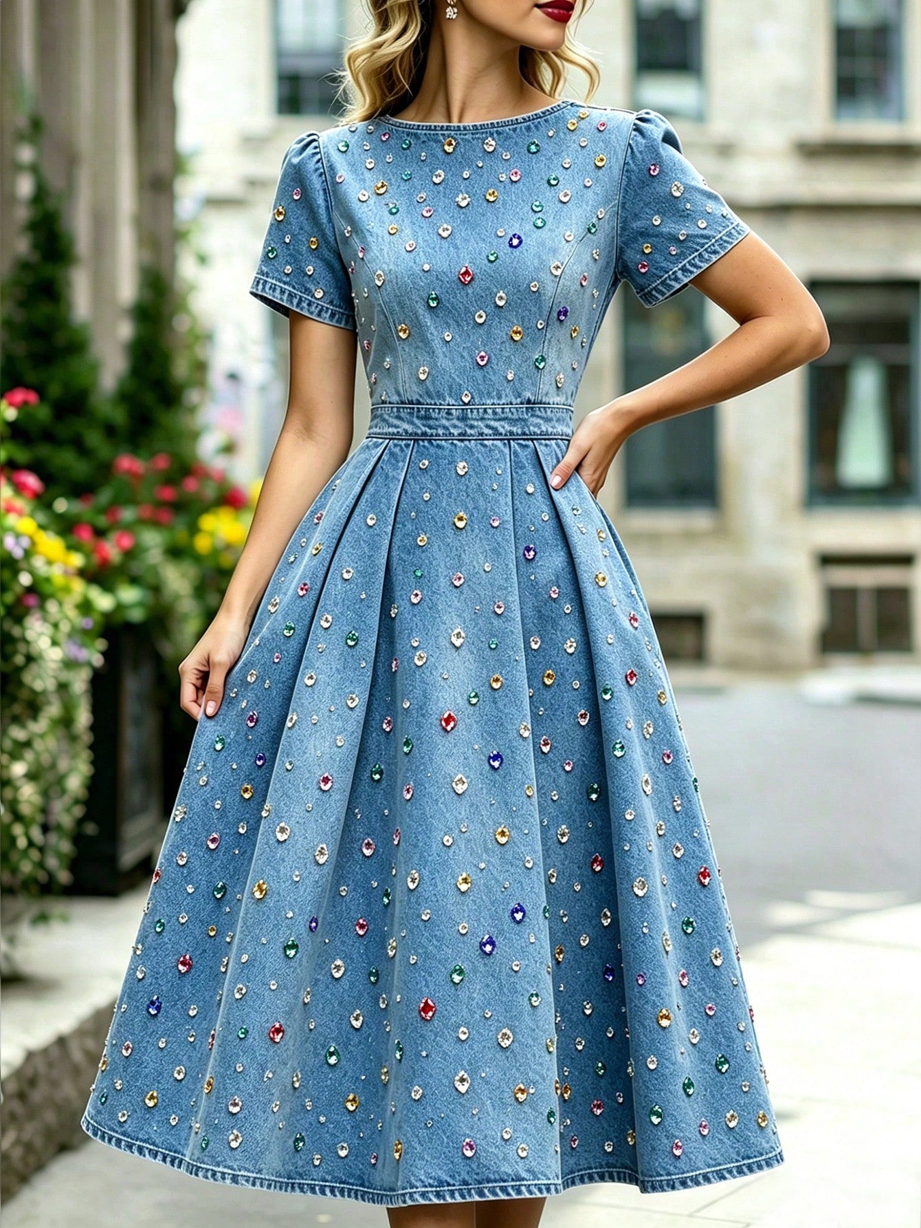 Women's Elegant Long Dress With Colorful Rhinestone Decor, Round Neck, Short Sleeve, Pleated Hem And Pockets