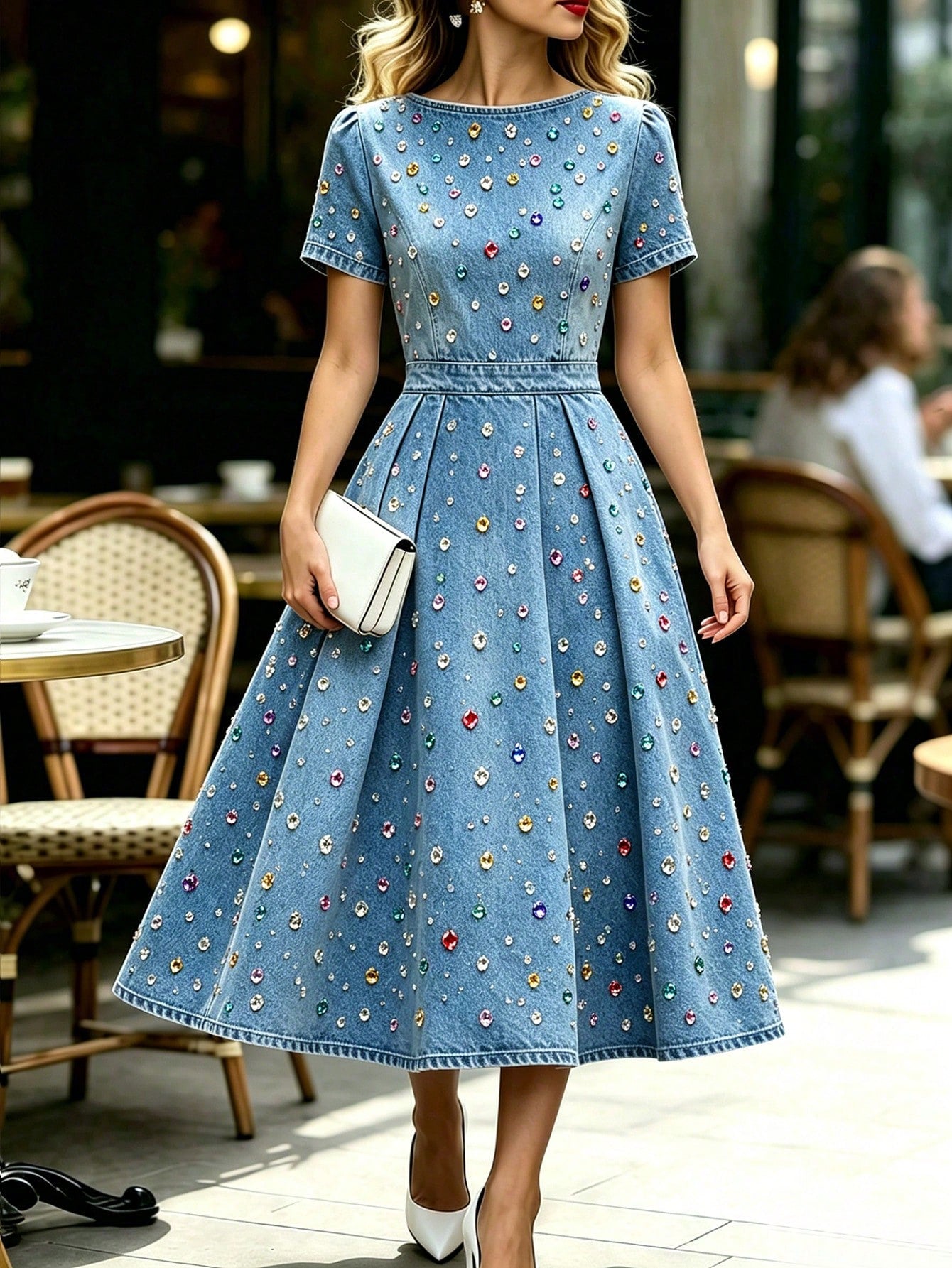Women's Elegant Long Dress With Colorful Rhinestone Decor, Round Neck, Short Sleeve, Pleated Hem And Pockets