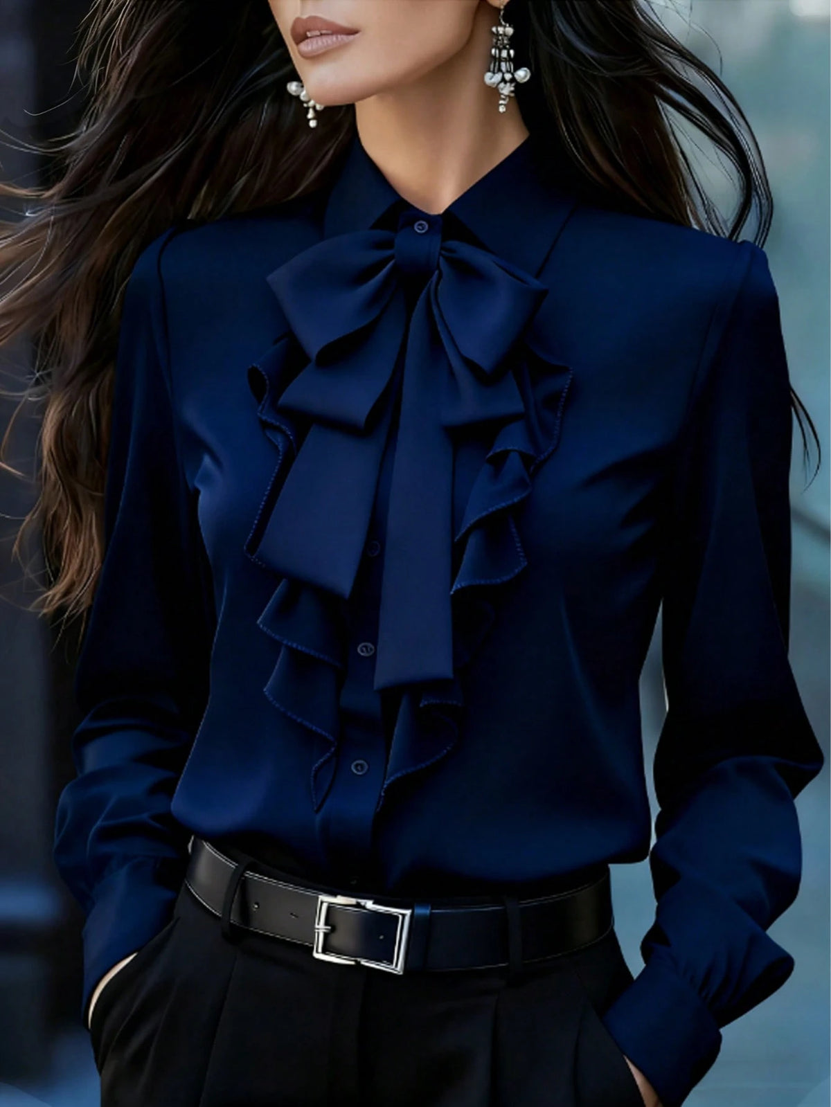 Women's Elegant Long Sleeve Blouse, Navy Blue With Tie Collar, Ruffle And Bow Details, Regular Fit Top, Suitable For Work And Everyday Wear, Spring/Autumn