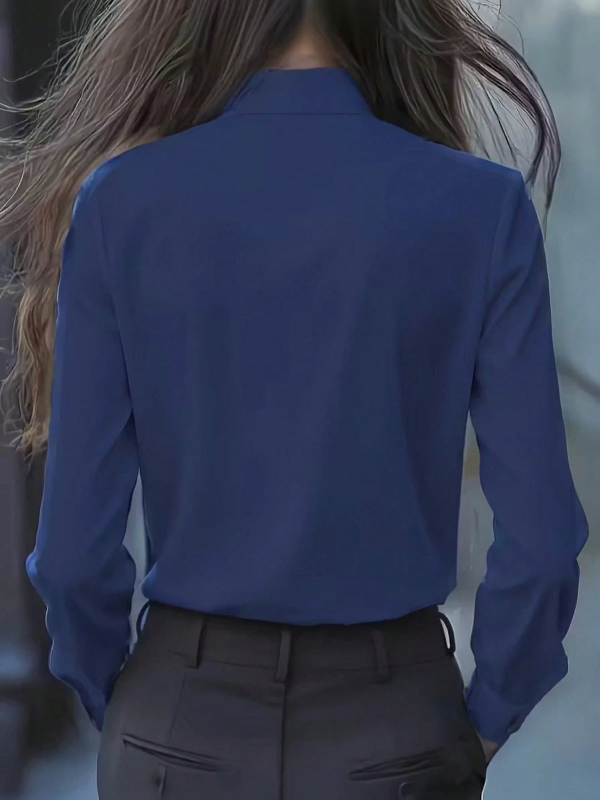 Women's Elegant Long Sleeve Blouse, Navy Blue With Tie Collar, Ruffle And Bow Details, Regular Fit Top, Suitable For Work And Everyday Wear, Spring/Autumn
