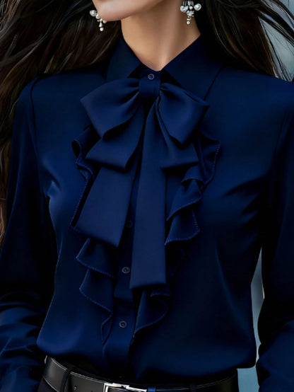 Women's Elegant Long Sleeve Blouse, Navy Blue With Tie Collar, Ruffle And Bow Details, Regular Fit Top, Suitable For Work And Everyday Wear, Spring/Autumn