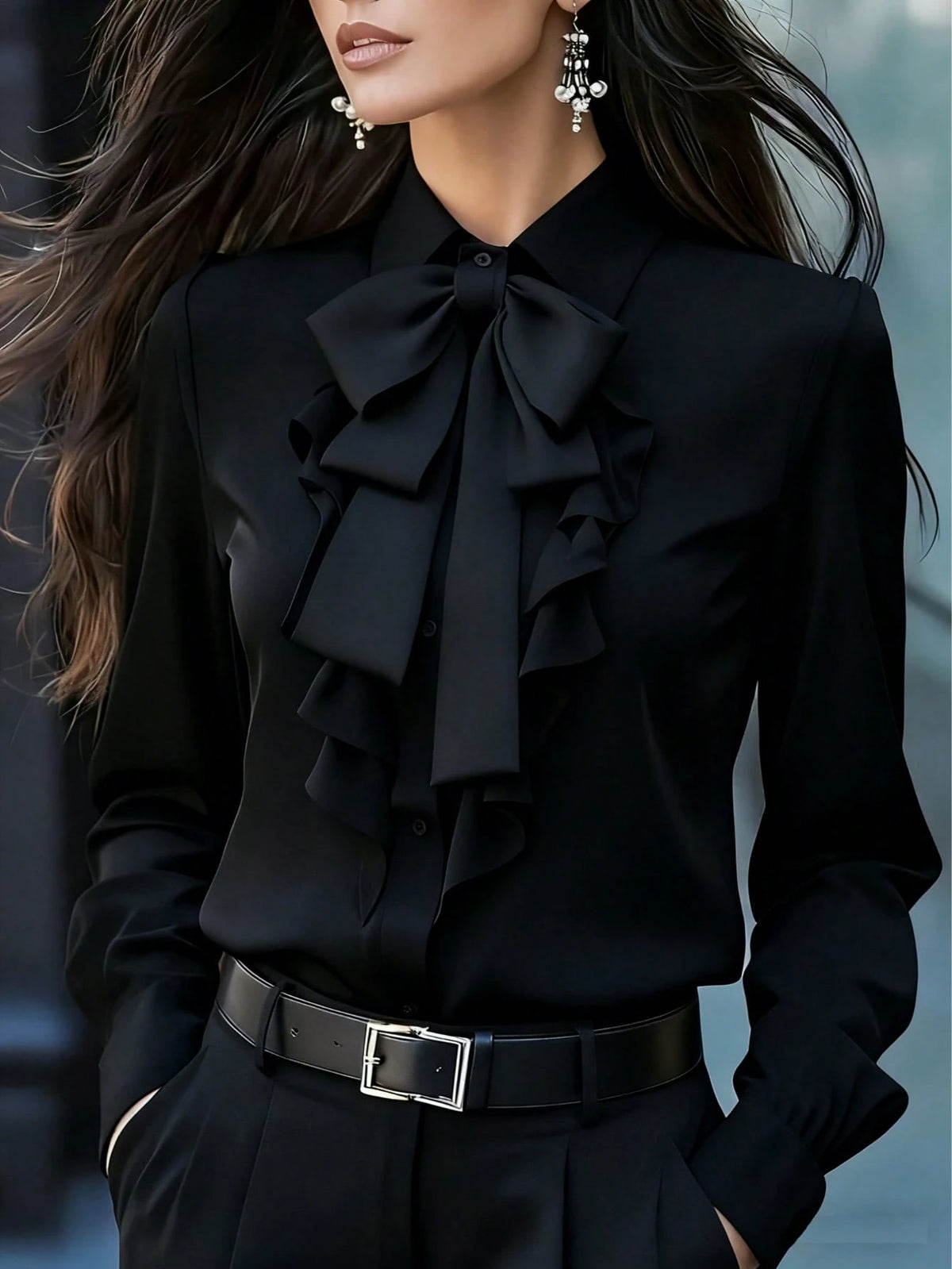 Women's Elegant Long Sleeve Blouse, Navy Blue With Tie Collar, Ruffle And Bow Details, Regular Fit Top, Suitable For Work And Everyday Wear, Spring/Autumn