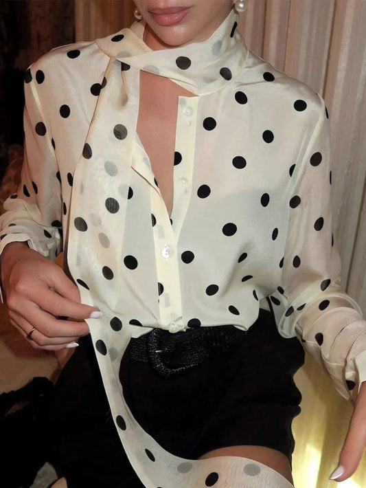 Women's Elegant Polka Dot Tie Long Sleeve Blouse Regular Fit Polyester Shirt Versatile Commute Shopping All Season Wear Spring Summer Autumn Vacation